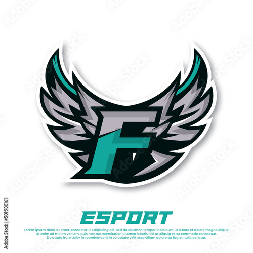 Eagle wing esport logo letter F design template, bird esport logo illustration, initial esport logo.