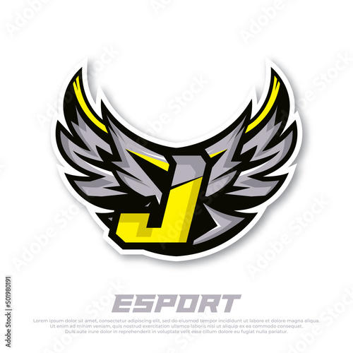 Eagle wing esport logo letter J design template, bird esport logo illustration, initial esport logo.