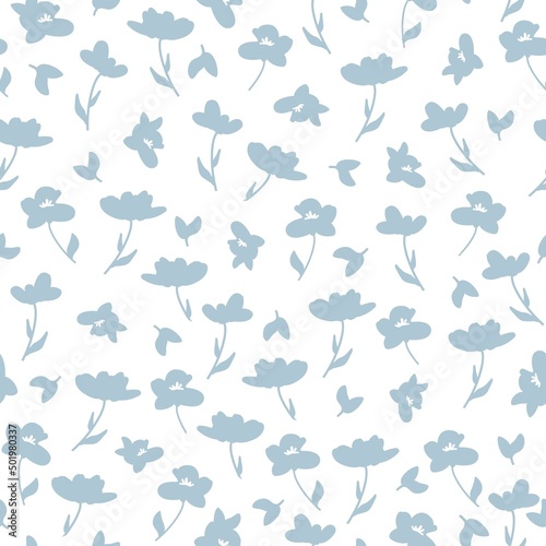 Seamless vintage pattern. Light blue flowers and leaves . White background. vector texture. fashionable print for textiles, wallpaper and packaging.