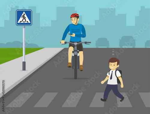 Safe bicycle riding and safety pedestrian rules. Cyclist is about to hit schoolboy while looking at phone on city road. Young boy crossing the road on crosswalk. Flat vector illustration template.