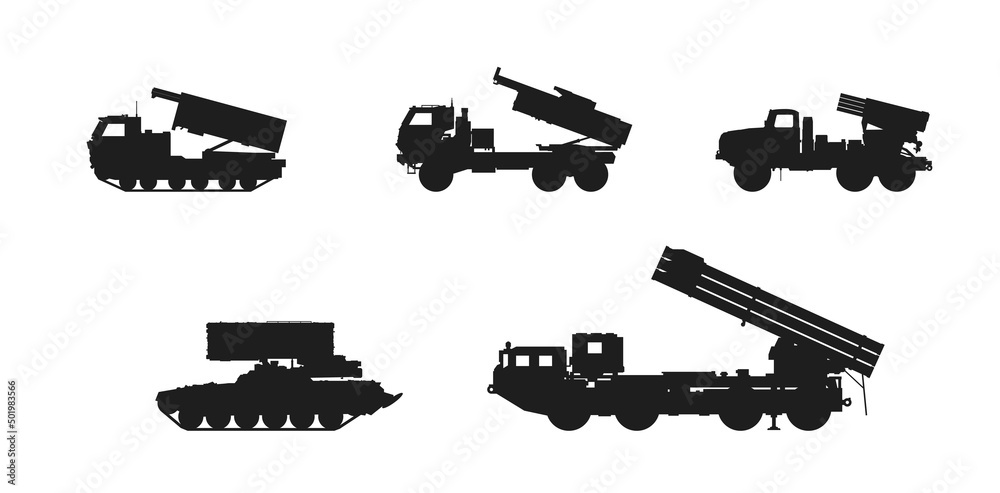 multiple launch rocket system set. heavy weapon and army symbols. isolated vector image for military concepts