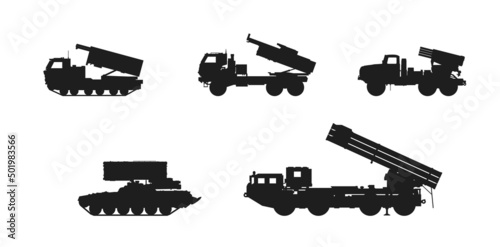 multiple launch rocket system set. heavy weapon and army symbols. isolated vector image for military concepts