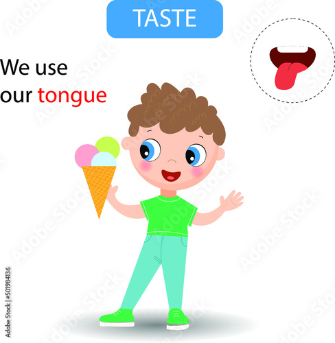 Boy tastes ice cream with his tongue.
Funny montessori game for kids. Learning five senses. Vector illustration.