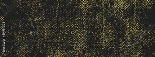 Geometric abstract pattern, black background, banner. Golden grunge texture with sparkles, spots, cracks. Topical design solution for brochure, catalogue, book, poster, flyer, invitation.