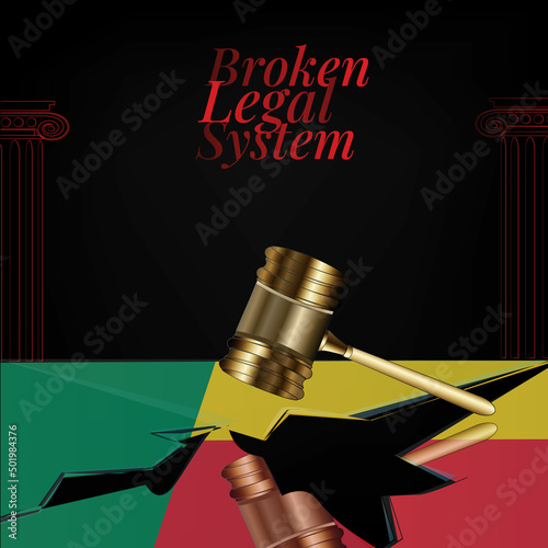 Benin's broken legal system concept art.Flag of Benin and a gavel.