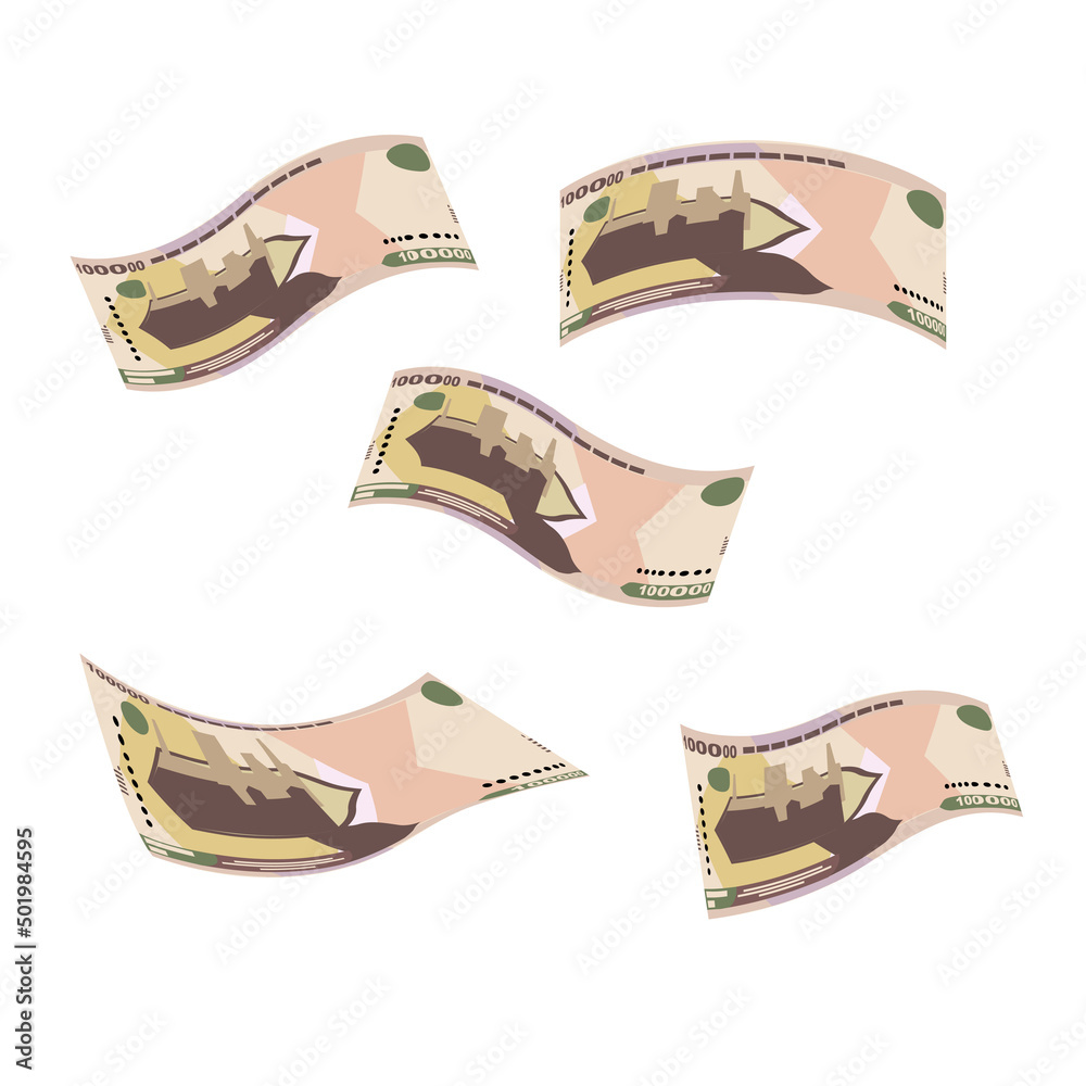 Fototapeta premium Uzbekistan Sum Vector Illustration. Uzbek money set bundle banknotes. Falling, flying money 100000 UZS. Flat style. Isolated on white background. Simple minimal design.