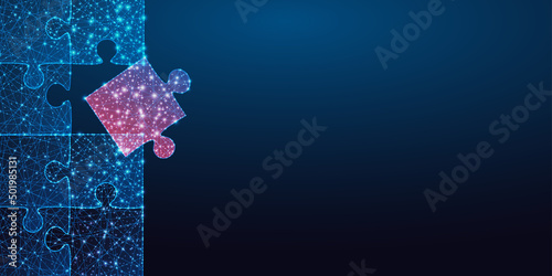 Futuristic business solution, teamwork concept web banner with glowing jigsaw puzzle pieces
