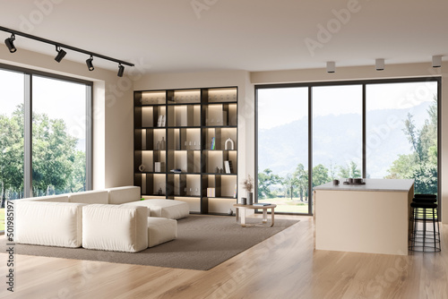 Kitchen interior with sofa and shelf with decoration  panoramic window