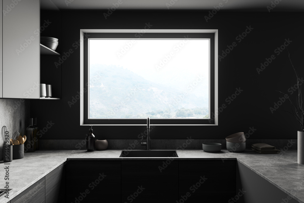 Fototapeta premium Kitchen interior with sink and panoramic window, kitchenware on deck