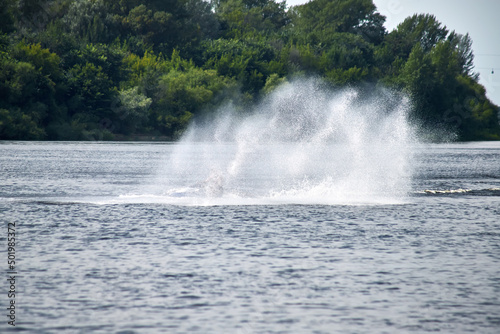 Jet ski driver drift on the river. Spray from a jet ski.