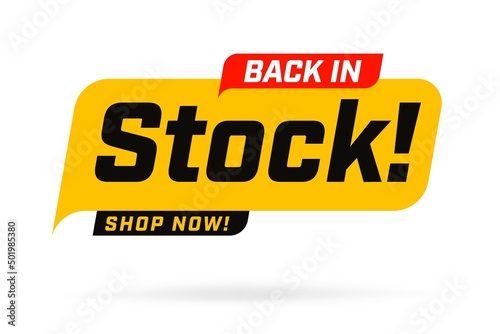 Back in stock label sign available for sale promotion emblem. Vector illustration isolated on white background