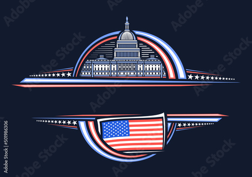 Vector border for American Holidays with copyspace for text, horizontal invitation with illustration of US Capitol, american flag, decorative stars and stripes for american holiday on dark background