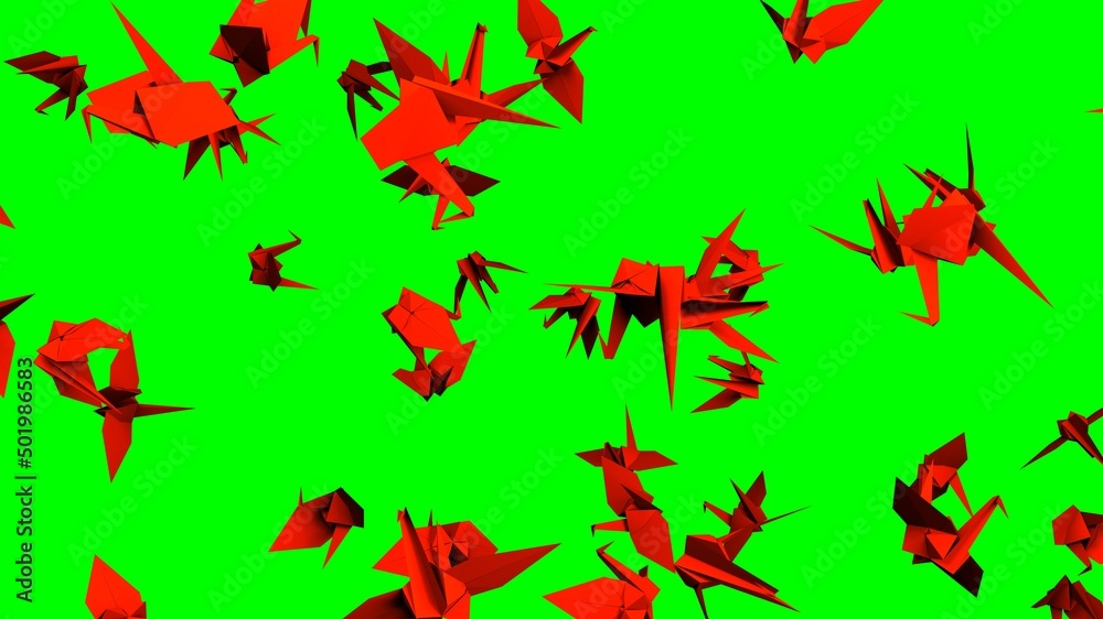 Red origami crane on green chroma key background.
3D illustration for background.
Red origami crane on green chroma key background.
3D illustration for background.