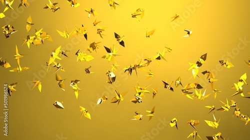 Gold origami crane on yellow background. 3D illustration for background.