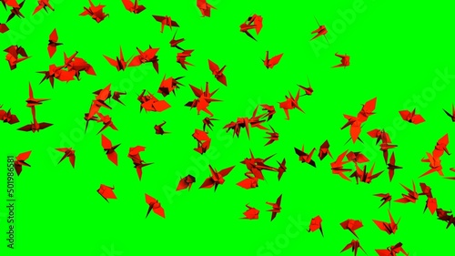 Red origami crane on green chroma key background. 3D illustration for background. 