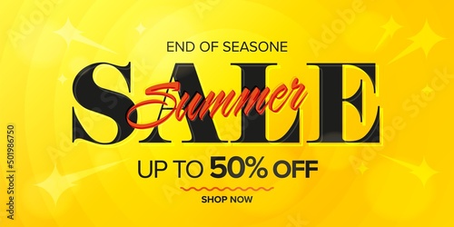 Summer sale banner template with half price discount. Shop now invitation with up to 50 percent off vector illustration. Bright background for hot season sale announcement