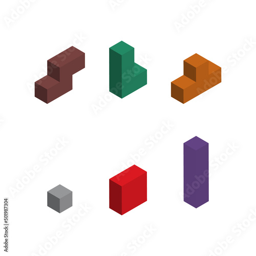 Set of color tetris isometric block, color puzzle icon , logic fun game vector illustration