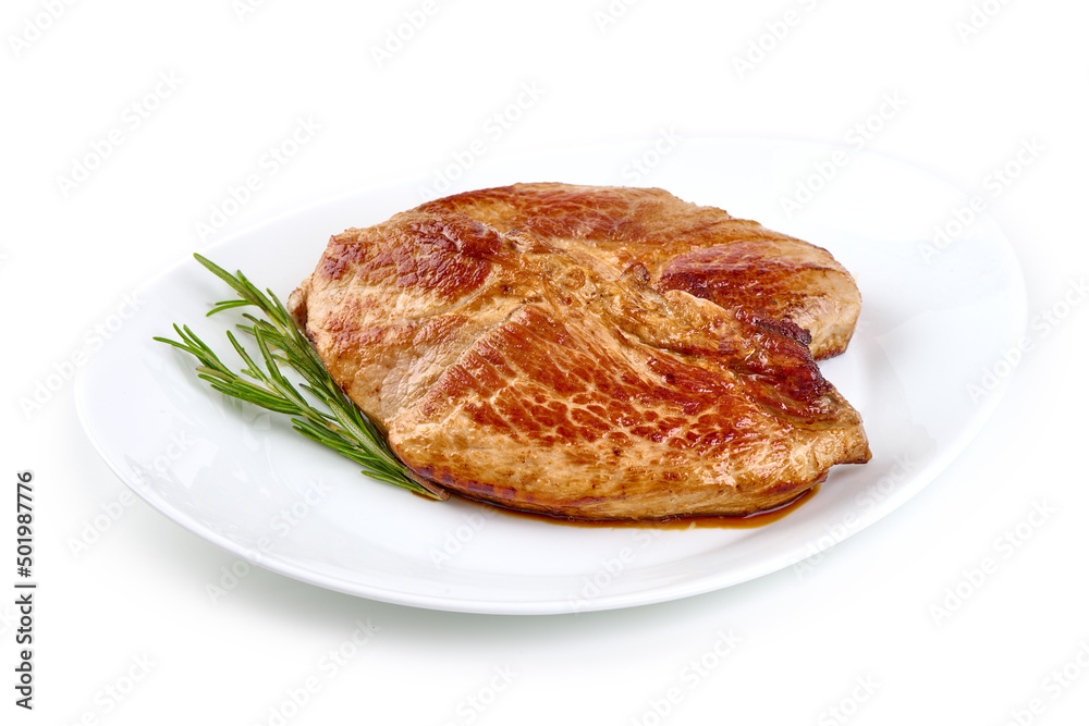 Roasted juicy pork steak with rosemary, BBQ dishes, isolated on white background.