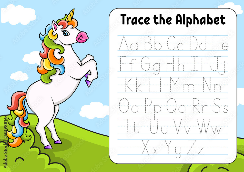 Writing letters. Tracing page with unicorn. Practice sheet. Worksheet for kids. Learn alphabet. Cute character. Color vector illustration. Cartoon style. Writing letters. Tracing page with unicorn. Practice sheet. Worksheet for kids. Learn alphabet. Cute character. Color vector illustration. Cartoon style.