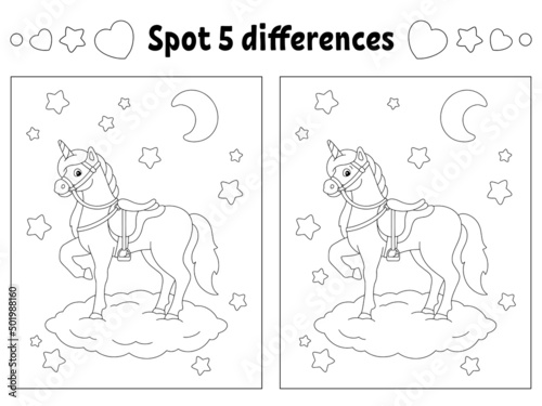 Find five differences. Coloring page for kids. Activity worksheet for children. Vector illustration isolated on white background.