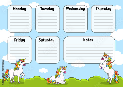 School timetable with magic unicorn. For the education of children. Isolated on a white background. With a cute cartoon character.