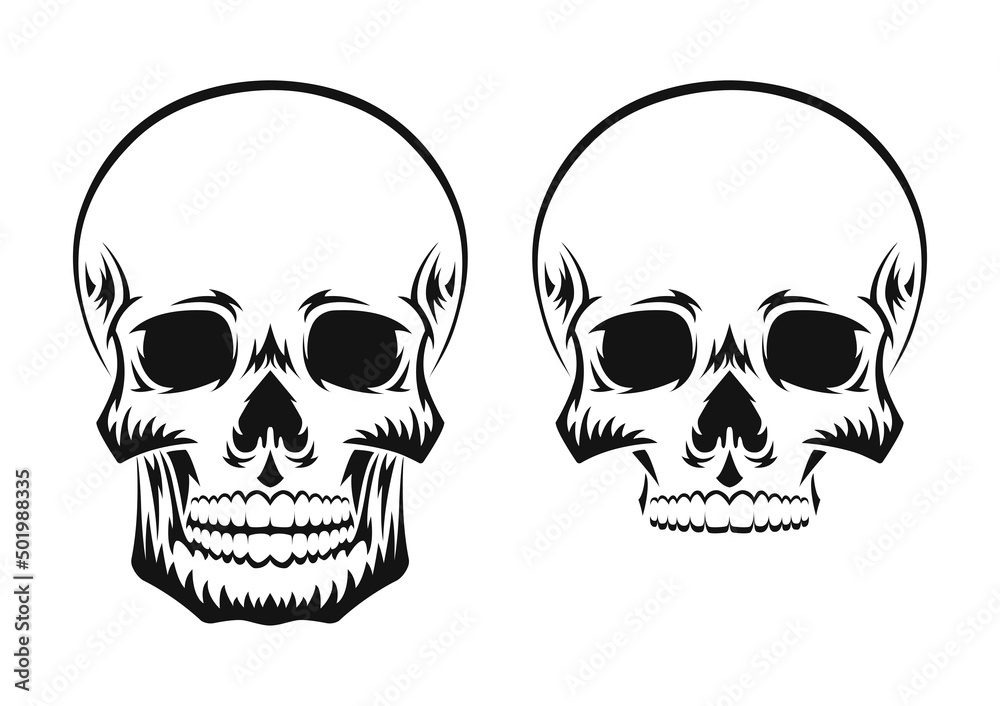 Human skull. Black silhouette. Design element. Hand drawn sketch. Vintage style. Vector illustration isolated on white background. Human skull. Black silhouette. Design element. Hand drawn sketch. Vintage style. Vector illustration isolated on white background.