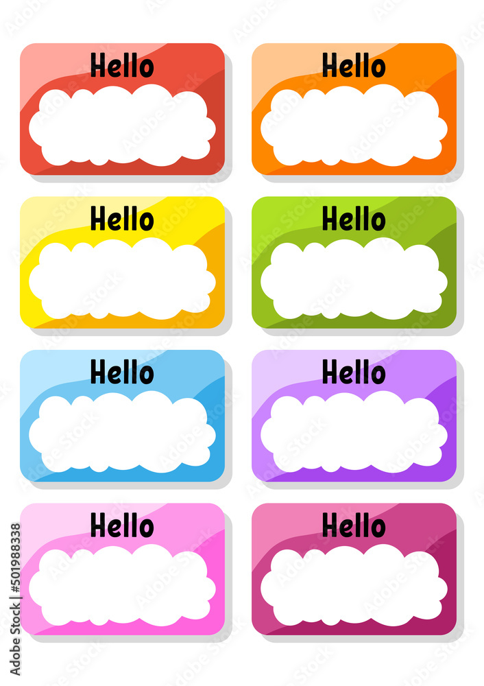 Hello name badge. Bright stickers. Rectangular label. Color vector isolated illustration. Hello name badge. Bright stickers. Rectangular label. Color vector isolated illustration.