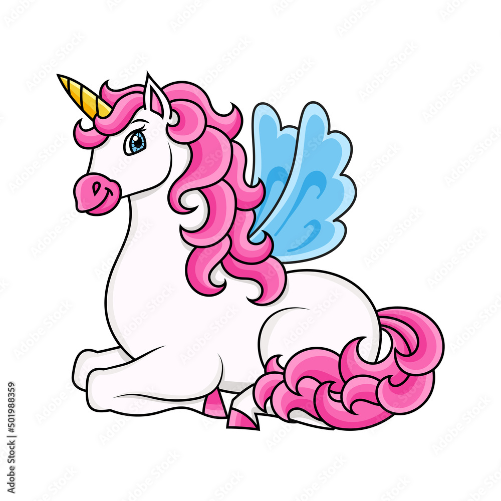 Cute unicorn with wings. Magic fairy horse. Cartoon character. Colorful vector illustration. Isolated on white background. Design element. Template for your design, books, stickers, cards.