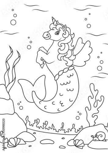 Cute mermaid unicorn. Magic fairy horse. Coloring book page for kids. Cartoon style. Vector illustration isolated on white background.