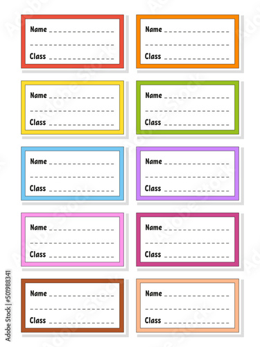 Back to school labels. Set stickers for notebook. Name and class. Bright stickers. Rectangular label. Color vector isolated illustration.
