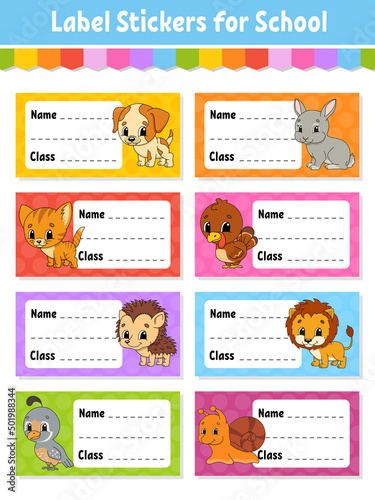 Name and class. Back to school labels. Set stickers for notebook. Bright stickers. Rectangular label. Cute characters. Color vector isolated illustration.
