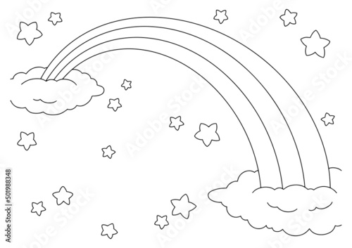 Fairytale sky with rainbow, stars and clouds. Coloring book page for kids. Cartoon style character. Vector illustration isolated on white background.