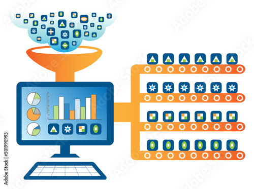 Data sorting and filtering concept. Raw data are ingested into the intelligence sorting computer system. Irreverent data are discarded while relevant data are sorted as output.