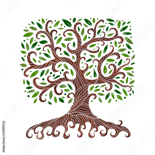 Old big family tree with roots. Isolated on white background. Concept Art for your design. Design interior ideas.