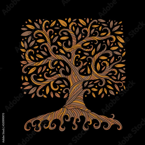 Old big family tree with roots. Isolated on black background. Concept Art for...
