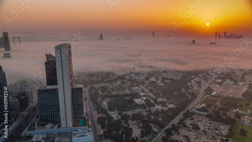 Villas in Zabeel district with skyscrapers on a background aerial timelapse in Dubai, UAE