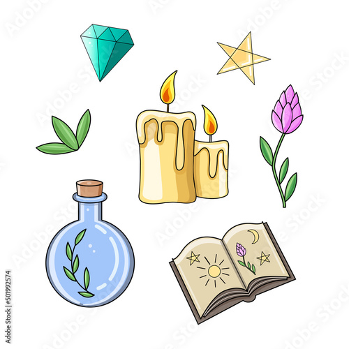 Cute Mystic  icon. Cartoon colorful Magical element collection. Kawaii astrology icons of candles, magic book,  stars, pentagram, elixir, diamond, flower vector stuff.