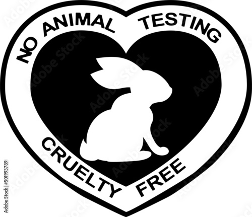 Cruelty free concept heart shape emblem design with rabbit symbol. Not tested on animals icon. Vector black monochrome illustration.