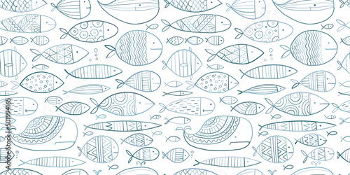 Funny fishes collection  ethnic ornament. Childish style. Seamless pattern for your design