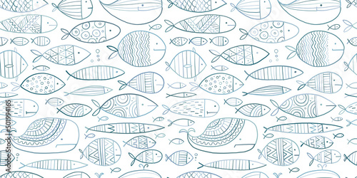 Funny fishes collection, ethnic ornament. Childish style. Seamless pattern fo...