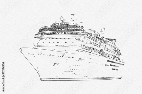 Pencil drawing of cruise ship isolated on white background, modern ocean liner Fototapet
