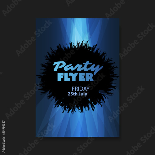 Dark Blue Party Flyer or Cover Design with Blurred, Abstract Wavy Pattern, Round Crowd People Silhouette, Copyspace in the Center for Your Text - Modern Style Template in Editable Vector Format