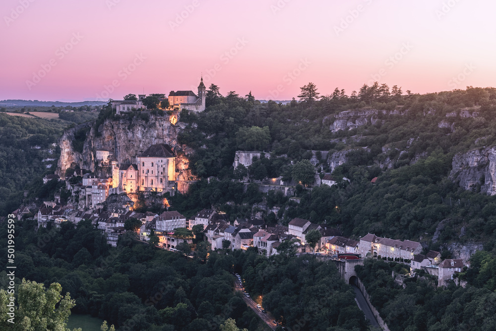 3 levels of Rocamadour town connected with rest of world buy highways D673 and railways, vintage photo edit, Lot, Occitania, Southwestern France 