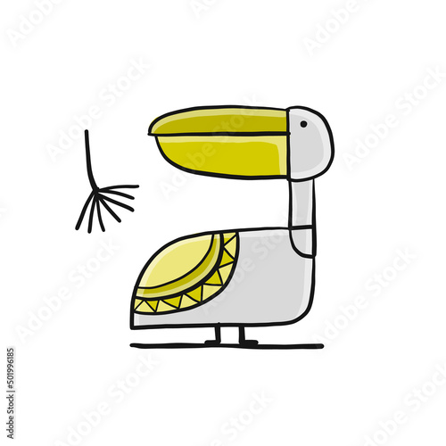 Pelican bird isolated on white. Sketch for your design