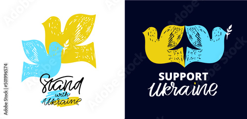 Lettering postcard hand drawn about Support Ukraine. Blue yellow ukrainian flag background.