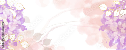 Luxurious golden wallpaper. Banner with flowers. Watercolor pink, blue, lilac spots on a white background. Shiny flowers and twigs. Vector file.