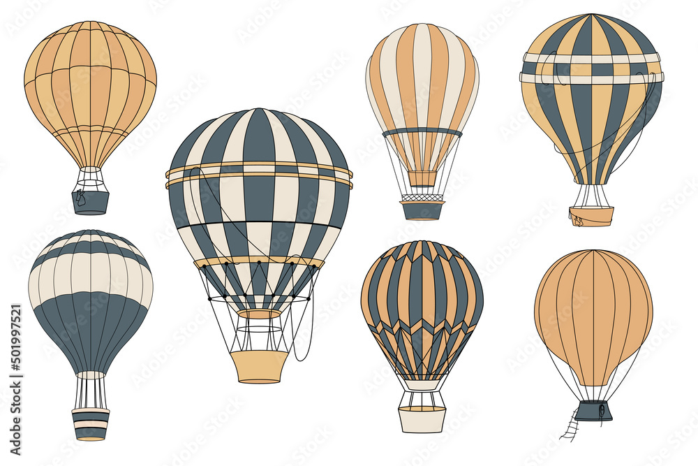 Obraz premium Hand-drawn vector illustration set of different hot air balloons isolated on white background. Collection perfect for decoration, texture and wrapping paper, print and postcards.