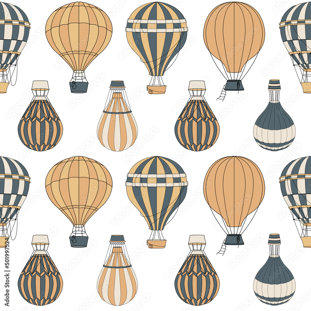 Vector seamless pattern with different soft shades hot air balloons. Hand painted illustration for texture, wrapping paper, greeting cards, textiles, fabric, decoration and wallpaper for kids room Vector seamless pattern with different soft shades hot air balloons. Hand painted illustration for texture, wrapping paper, greeting cards, textiles, fabric, decoration and wallpaper for kids room