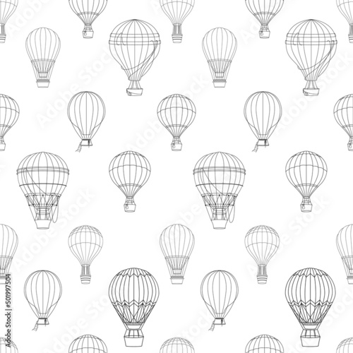 Graphic seamless pattern with hot air balloons. Hand drawn vector illustration for wrapping, scrapbooking, textile, wallpaper, fabric and another print.