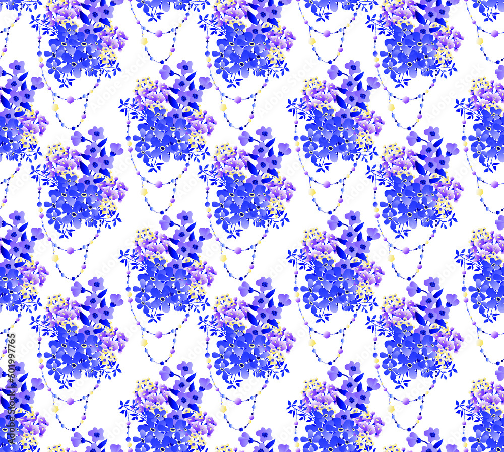 Cute and feminine seamless pattern with small flowers and embellishments made of beads and geometric shapes. Great print for trendy fabrics